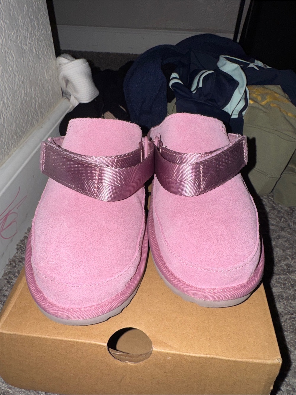 UGG Pink Suede Velcro Strap Clogs